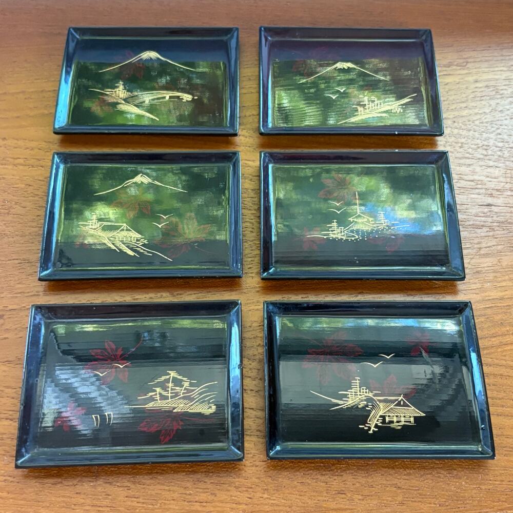 Vintage Japanese Lacquerware Trays Set of 6, Scenic Gold Red Design